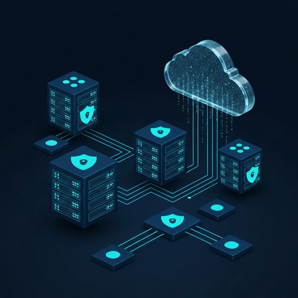Abstract visualization of cloud infrastructure with server nodes and secure connections